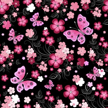 Dark seamless floral pattern with flowers and butterflies (vector) clipart