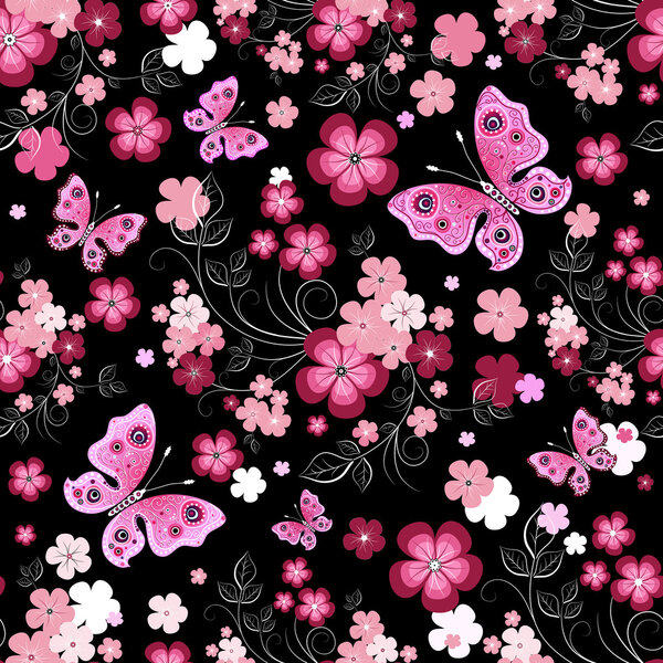 Dark seamless floral pattern with flowers and butterflies (vector)
