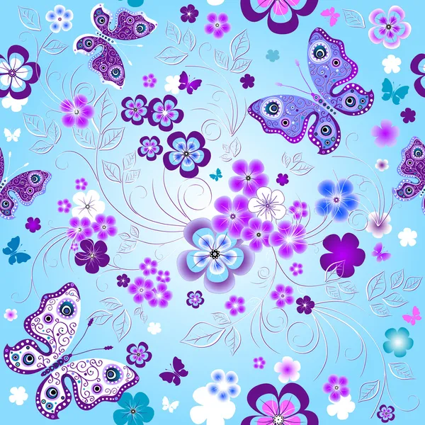 花と蝶 ベクトル春シームレス花柄 — ストックベクタ