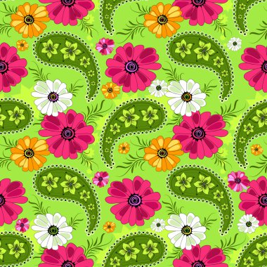 Seamless green floral pattern with vivid flowers and paisleys (vector) clipart