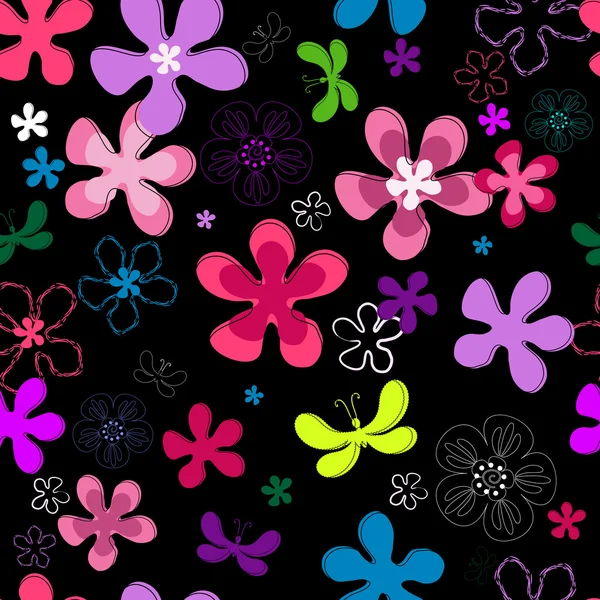 Black Repeating Floral Pattern Vivid Flowers Butterflies Vector — Stock Vector