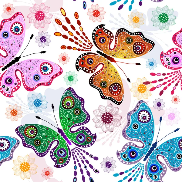 Motif Floral Sans Effort Avec Des Papillons Des Fleurs Brillantes — Image vectorielle