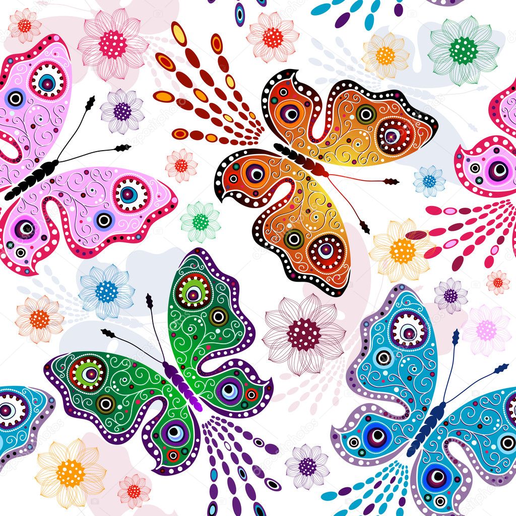 Effortless floral pattern with bright butterflies and flowers (vector)