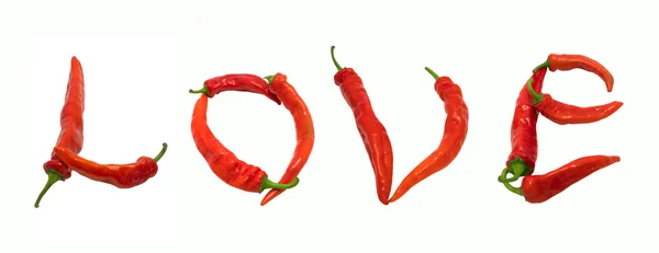 Love Text Composed Chili Peppers Isolated White Background — Stock Photo, Image