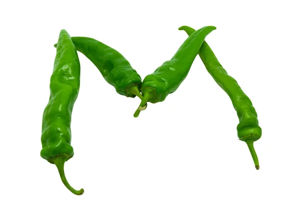 Γράμμα m που αποτελείται από πράσινες πιπεριές — Φωτογραφία Αρχείου