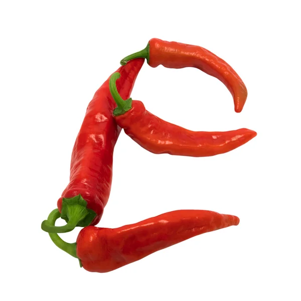 Písmeno e se skládá z chilli papričky — Stock fotografie
