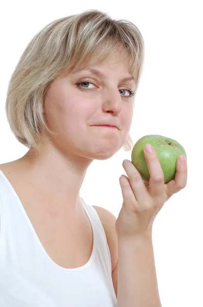 Piękne blond kobieta z jabłkiem — Zdjęcie stockowe