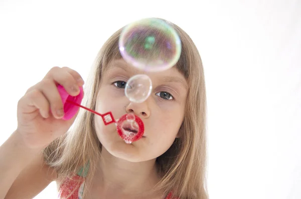 Little Girl Playing Bubble Wand Isolated White — Stock Photo, Image
