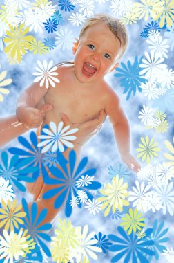 Happy baby boy high up in his mom’s hands surrounded with flowers clipart