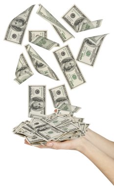 Many dollars falling on womans hand with money clipart