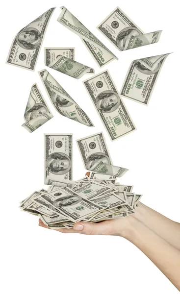 Many dollars falling on womans hand with money — Stock Photo, Image