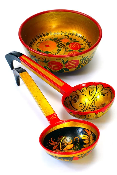 Decorated wooden hand made tableware, — Stok fotoğraf