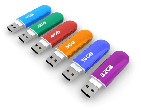 Fila de unidades flash USB a color — Foto de Stock