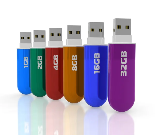 Linha de unidades flash USB coloridas — Fotografia de Stock