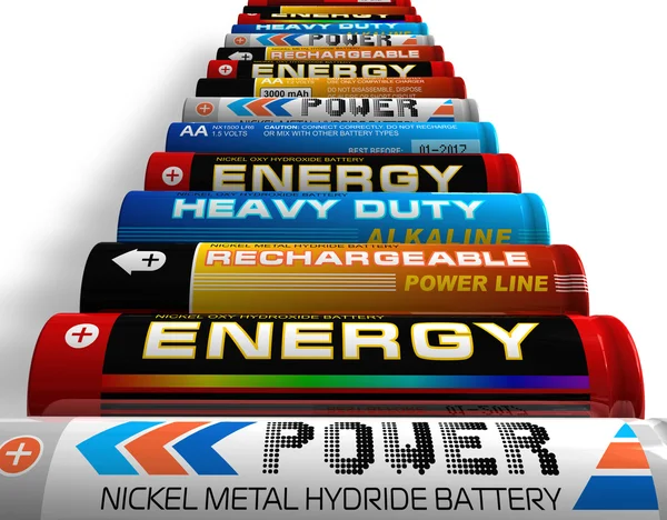Fila di diverse batterie AA — Foto Stock