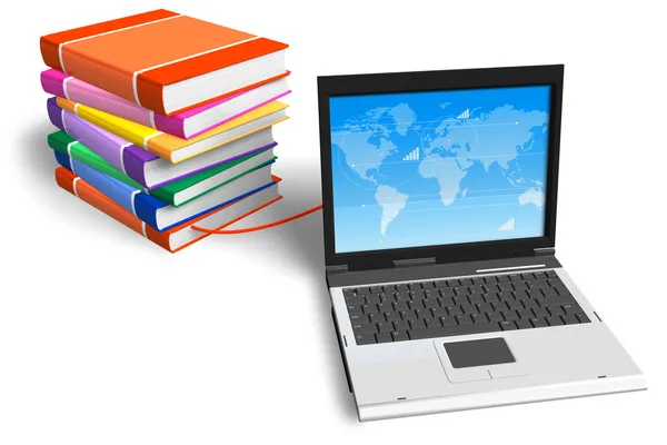 Stapel boeken aangesloten op laptop — Stockfoto