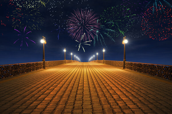 Night fireworks on the empty bridge