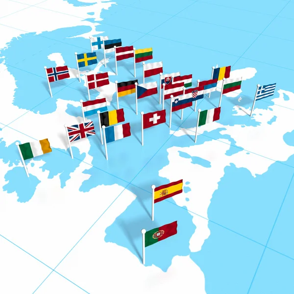 Bandeiras europeias no mapa — Fotografia de Stock