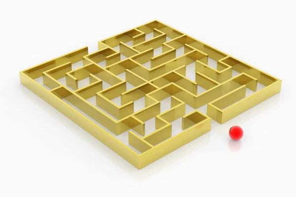 Esfera vermelha entrando labirinto dourado — Fotografia de Stock