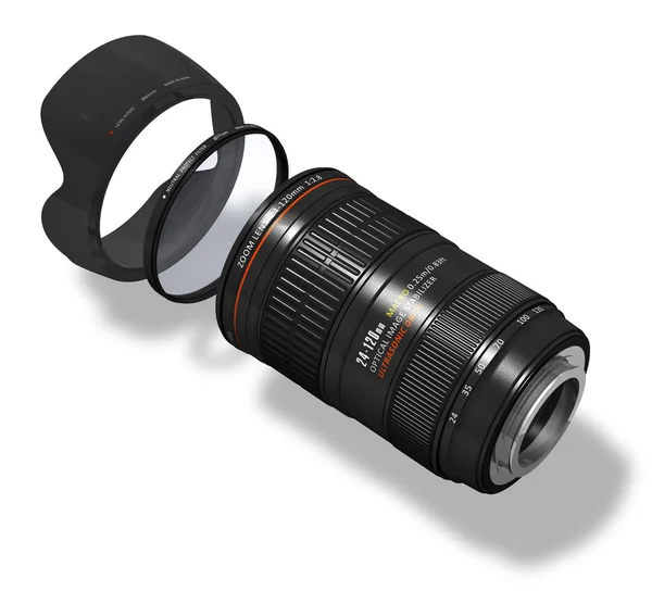 Zoom lens met hood en filter — Stockfoto