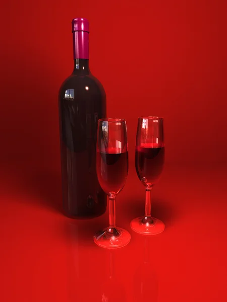 Two glasses and bottle of wine on red — Stock Photo, Image