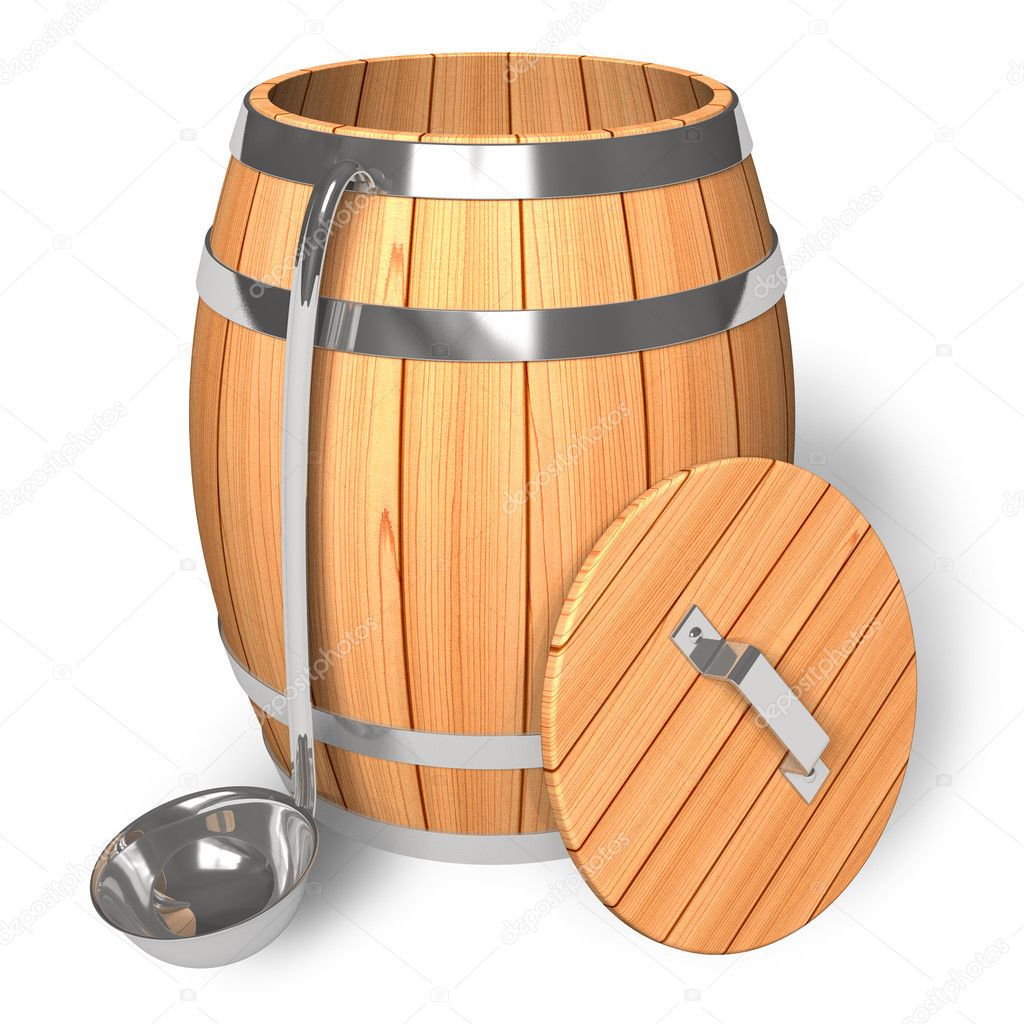 Opened wooden barrel with scoop