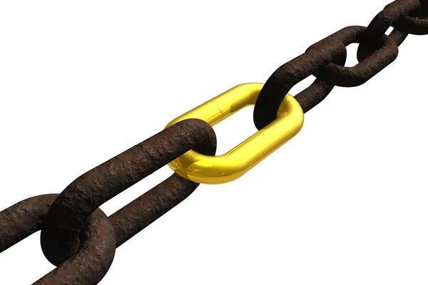 Rusty chain with golden link — Stock Photo, Image