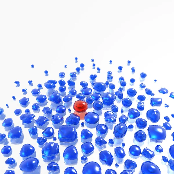 Blå ädelstenar med enda röd på spegelytan i center — Stockfoto