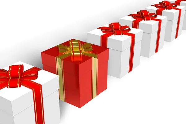 Червона подарункова коробка в ряду білих — стокове фото