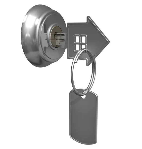 Chave com etiqueta no buraco da fechadura — Fotografia de Stock