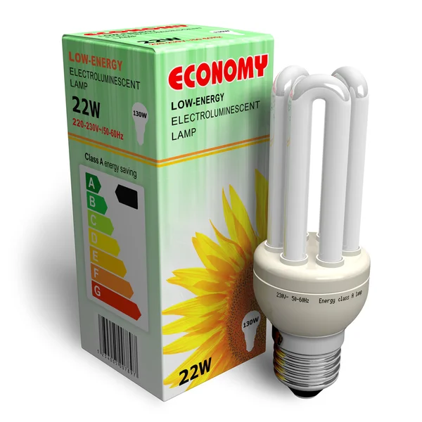 Lågenergi-lampa med paketet — Stockfoto