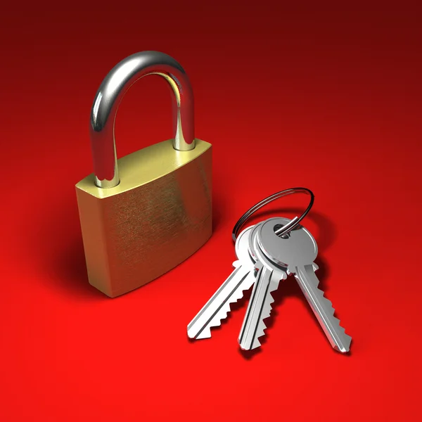 Cadeado e um monte de chaves no vermelho — Fotografia de Stock