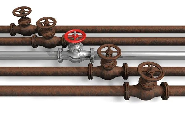 Neue Pipeline innerhalb rostiger Leitungen — Stockfoto