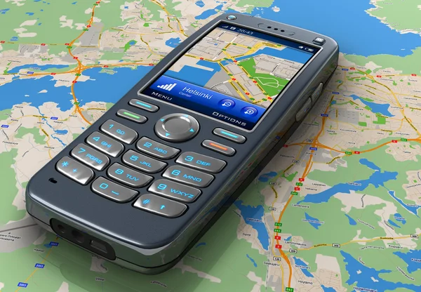 Teléfono móvil con navegación GPS en el mapa — Foto de Stock