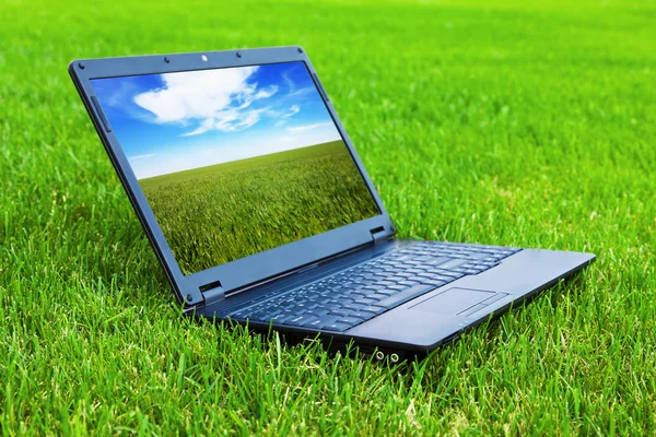 Laptop op gras — Stockfoto