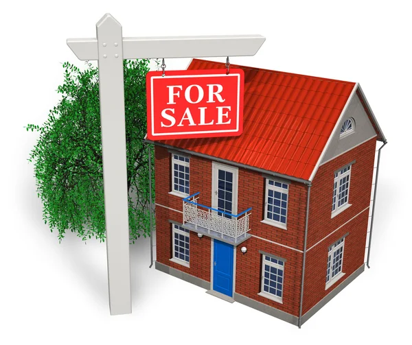 "Verkauf" -Schild vor neuem Haus — Stockfoto