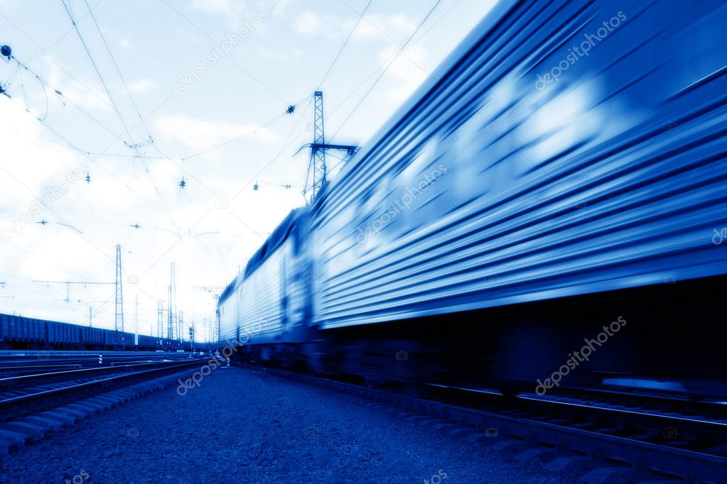 Blue speed train in motion concept