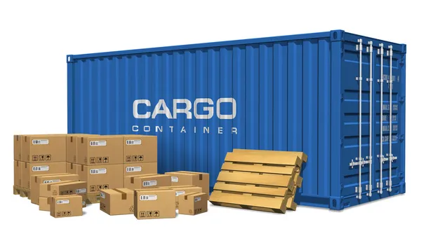 Cardboard boxes and cargo container — Stock Photo, Image