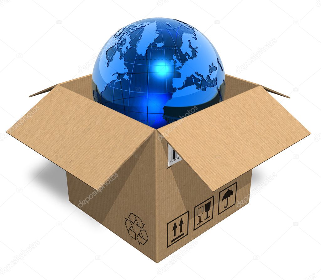 Earth globe in cardboard box