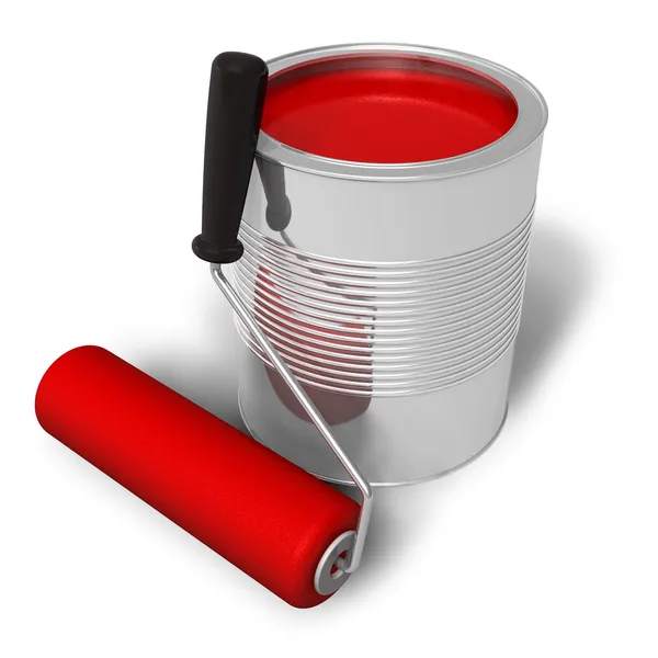 Can Red Paint Roller Brush — Stock Photo, Image