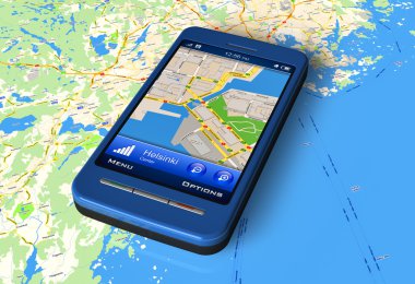 Smartphone with GPS navigator on map clipart