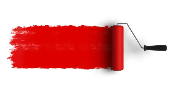Roter Rollerpinsel mit Farbspuren — Stockfoto