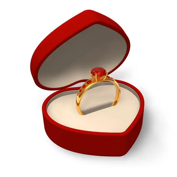 Heart-shape box with golden ring with jewels — Stock Photo, Image