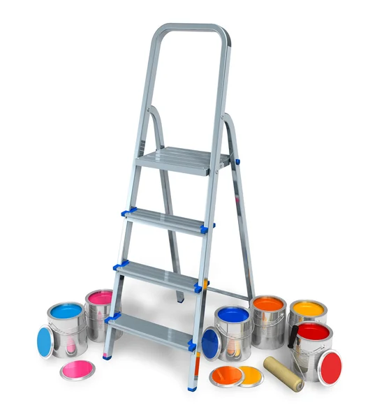 Escalera con latas de pintura de color — Foto de Stock