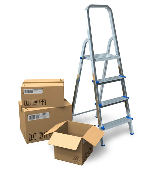 Bir merdiven ve karton kutular — Stok fotoğraf