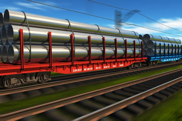 Високошвидкісний вантажний поїзд з металевими трубами — стокове фото