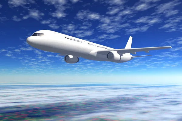 乘客的客机飞行在蓝蓝的天空 — 图库照片