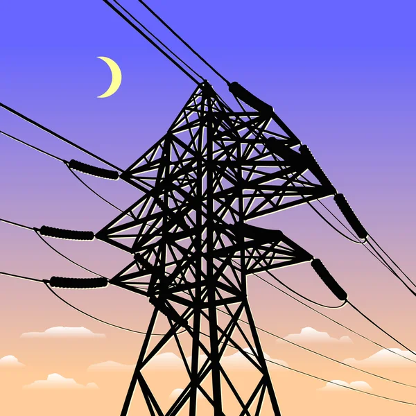 Linea elettrica ad alta tensione al tramonto — Vettoriale Stock