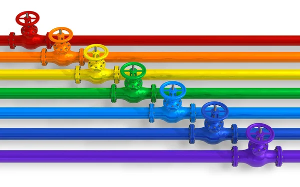 Rainbow pipelines with valves — Stock Photo, Image