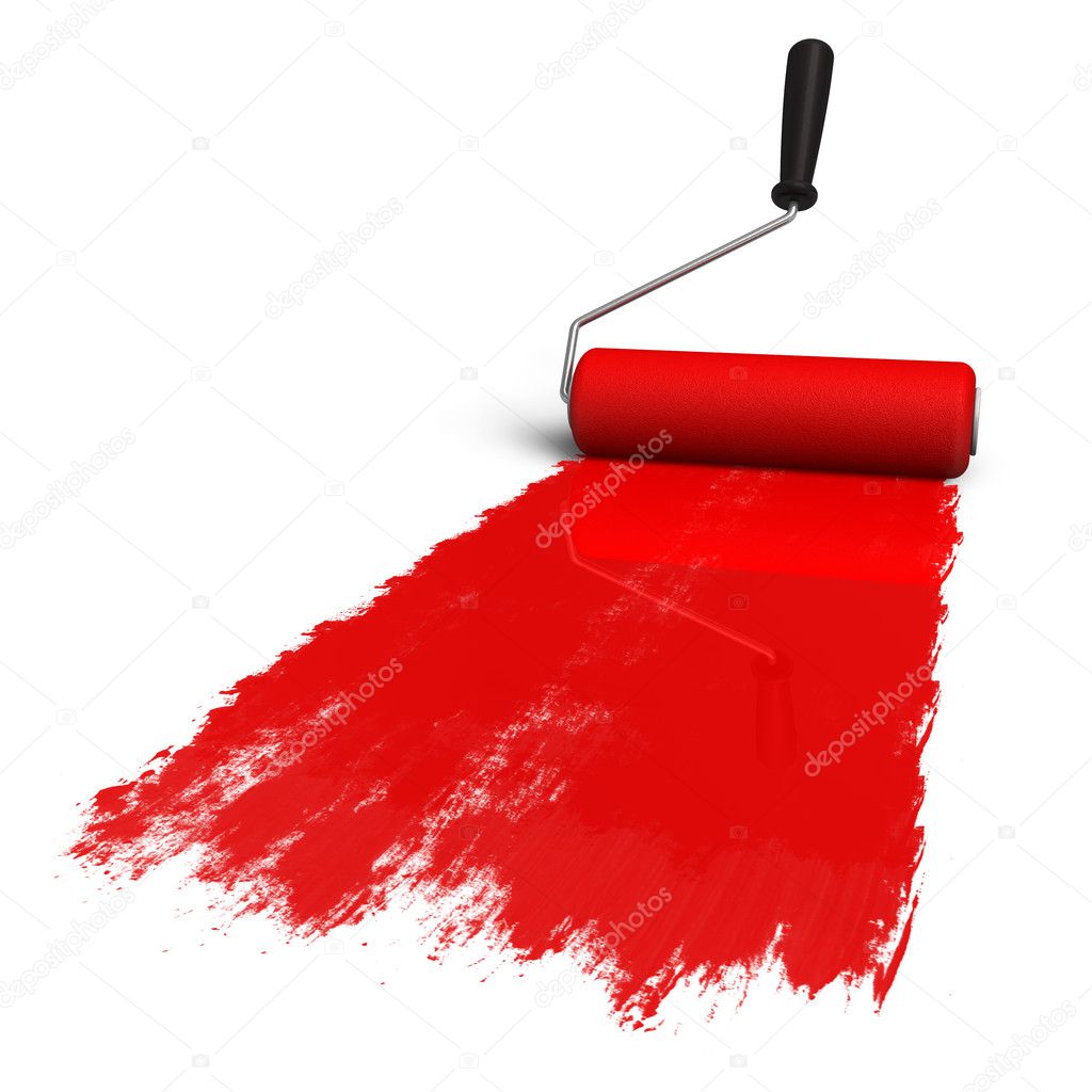 Red roller brush with trail of paint